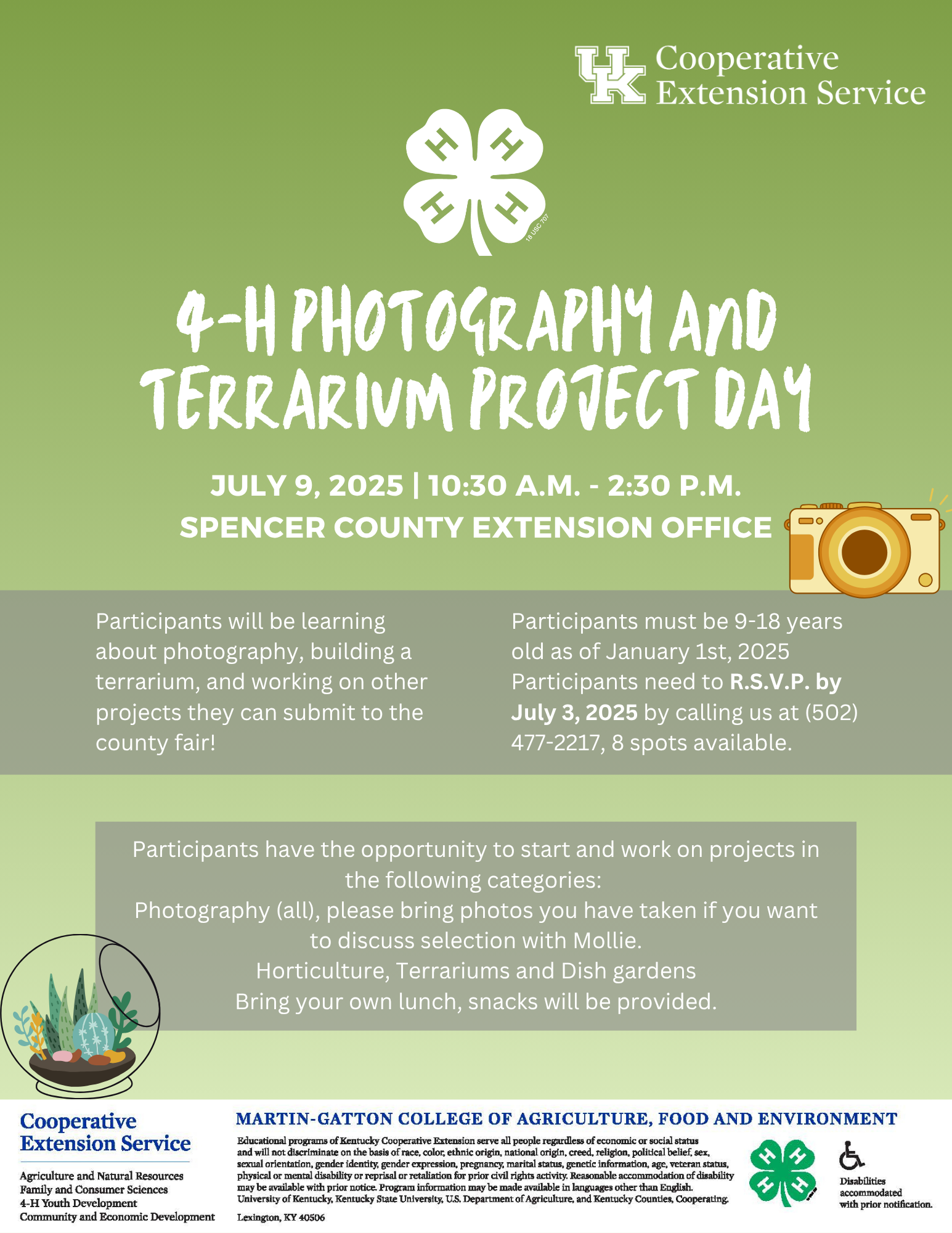 A flyer detailing event information with a green background and art of a camera and a terrarium.