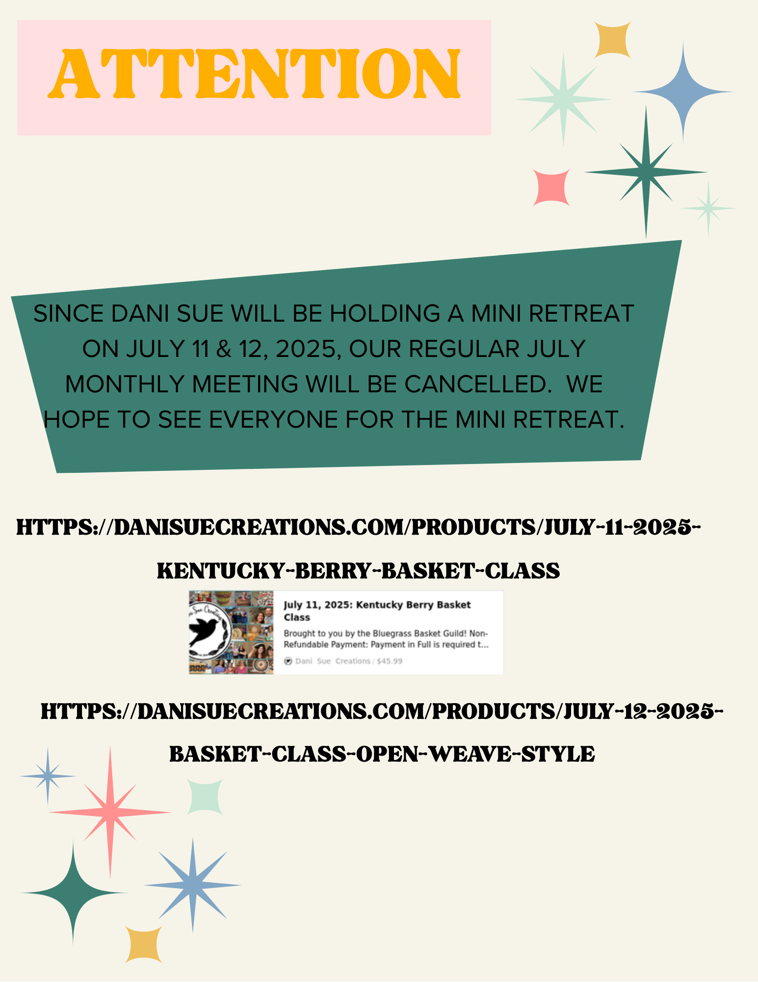 A flyer detailing the event information with a cream background, sparkles, and black text